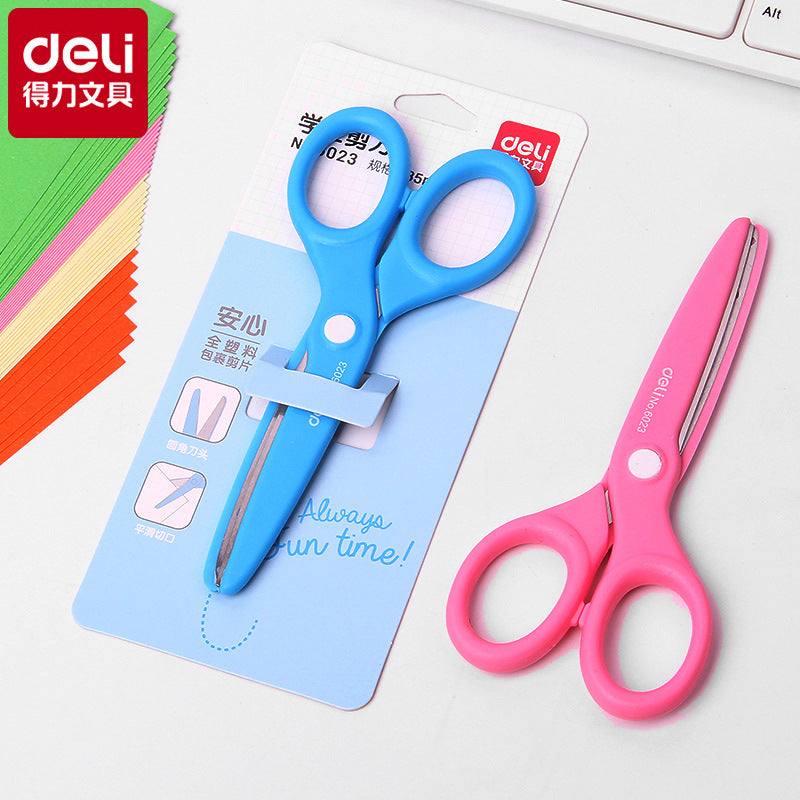 Deli 6023 Children's and students' handmade origami scissors with sheath are safe and do not hurt hands. Kindergarten scissors small scissors