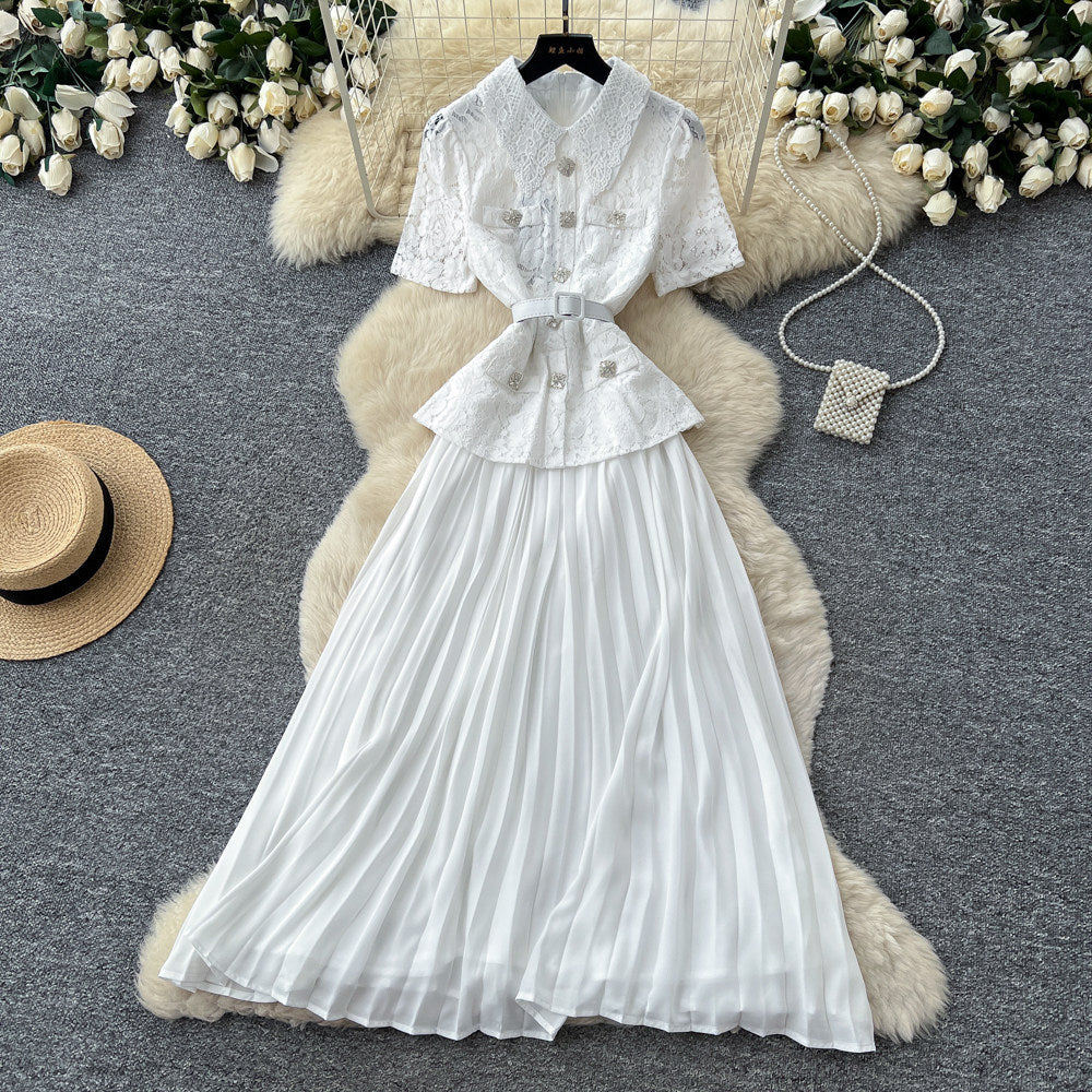 French chic yellow turn-down collar lace patchwork dress - women's summer elegant commute pleated maxi dress