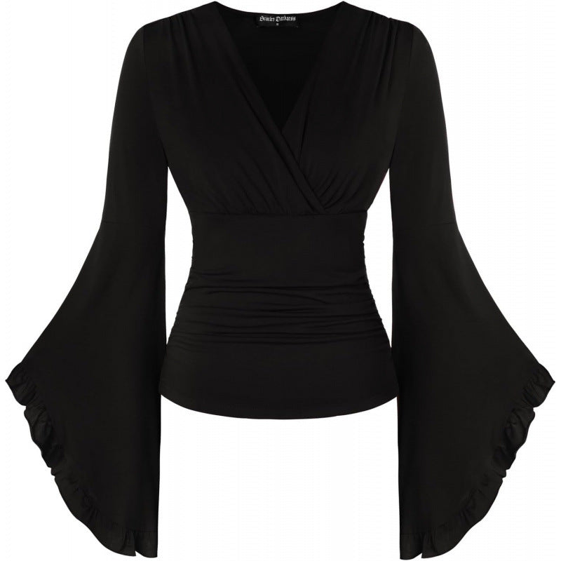 Amazon fashion pure desire v neck bell sleeve shirt  spring new style wrapped casual ruffle tops