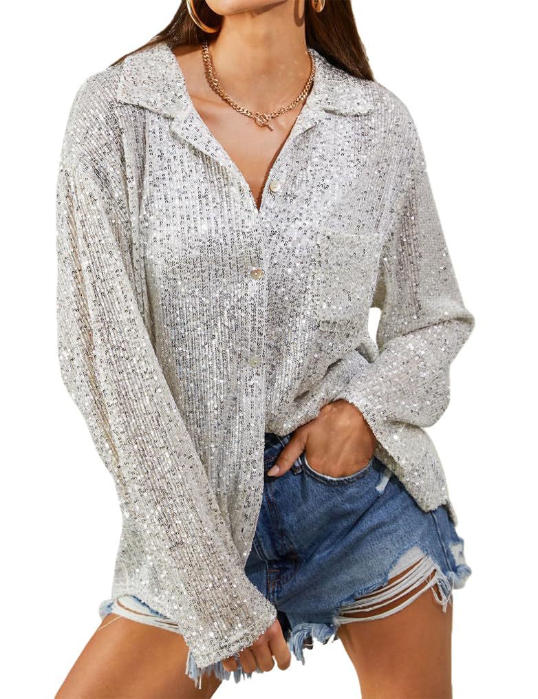 2025 autumn european and american cross-border women's fashion: new sequin long-sleeve turn-down collar casual blouse for amazon