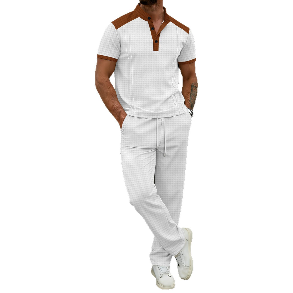 new arrival  autumn  shein style color block patchwork loose fit casual short sleeve and long pants men's set