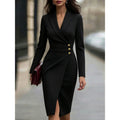 European and american new arrival: elegant slim-fit solid color blazer collar long sleeve dress with button accents