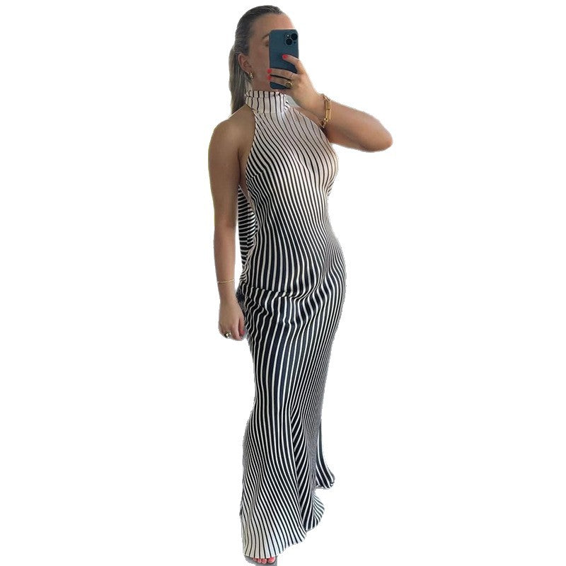 European and american style cross-border black and white design women's sleeveless sexy bodycon dress with high neck, open back, and gradient color