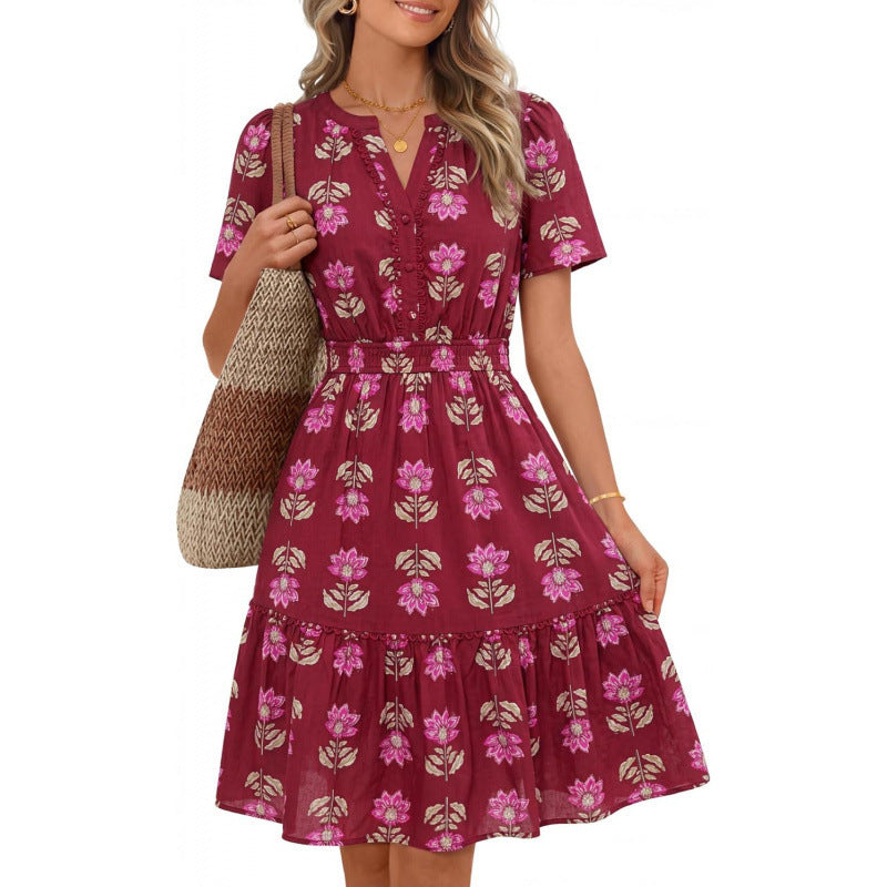 Amazon fashion short-sleeved a-line floral dress for women summernew arrivalbohemiav neck skirt