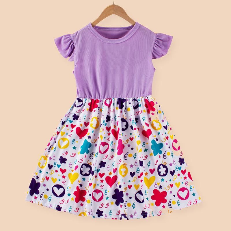 Ojitu  new cross-border collection: girls' and children's summer printed ruffle trim casual everyday dress