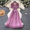 High-end heavy industry beading v neck short-sleeved dress women's summer waist-cinching pleated long skirt elegantaccessible luxury dress skirt