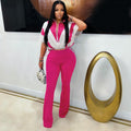 European and american style fashion casual elastic waist color block patchwork color block sport two-piece pants set -