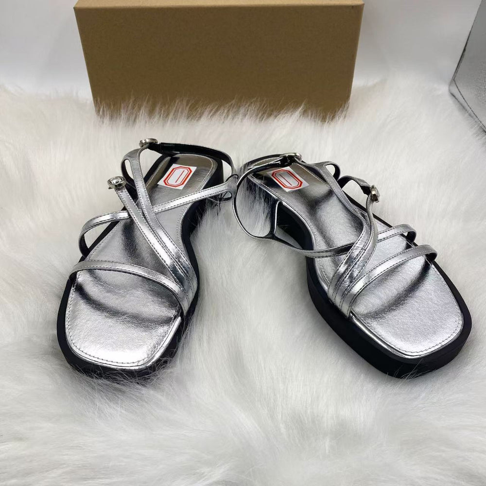Za's 2025 new one-strap buckle square-toe stiletto heel versatile sandals - women's fairy style mid-heel thong sandals