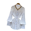 French chic beaded breathable blouse - women's summer long sleeve loose fit workwear white top with unique design