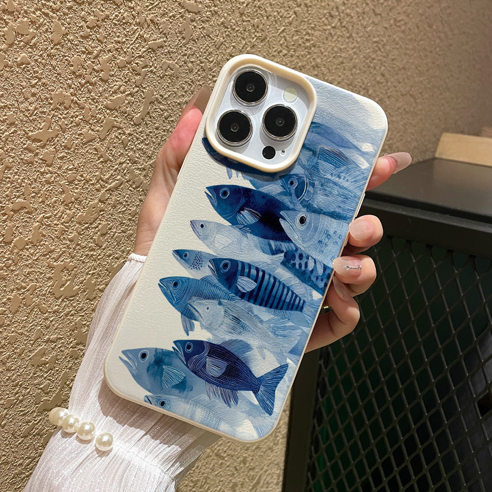 Azure blue fish school ocean style phone case for iphone 17 pro max, apple 16 full coverage drop-proof protective case, iphone 13 compatible