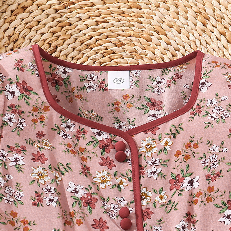 Summer girls' dress - new cross-border export style: french retro floral print, slim-fit, short-sleeve princess dress