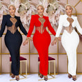 C6756 cross-border   fashion women's solid color mesh see-through long sleeve maxi dress