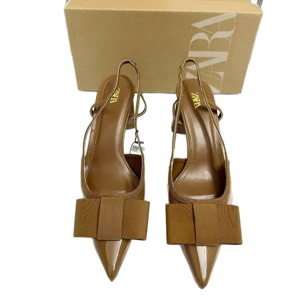 Za2025 autumn new collection: chunky heel peep-toe sandals with back strap, pointed toe, silk satin bow detail - fashionable women's footwear