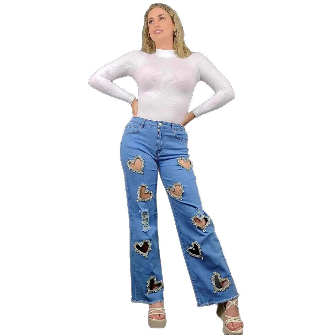 25 Cross-border Europe, America,  Independent Station INS Explosive Hollow Love Handmade Nail Drilling Personalized Trend Jeans