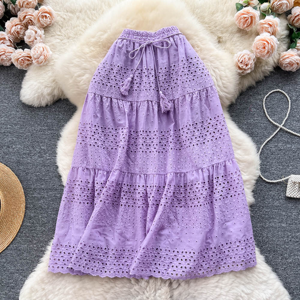 Elegant hollow-out lace embroidered crochet midi skirt - women's tie-waist high-waisted slimming sweet versatile vacation style fairy skirt
