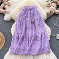Elegant hollow-out lace embroidered crochet midi skirt - women's tie-waist high-waisted slimming sweet versatile vacation style fairy skirt