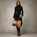 fashion high collar bell sleeve dress women's metal buckle pleated waist slimming look hot girl hip skirt
