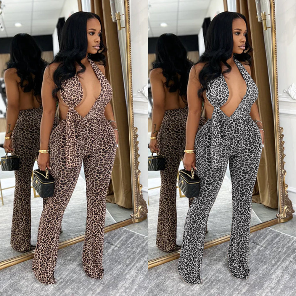 C7495 cross-border   fashion women's sexy leopard print halter neck sleeveless jumpsuit