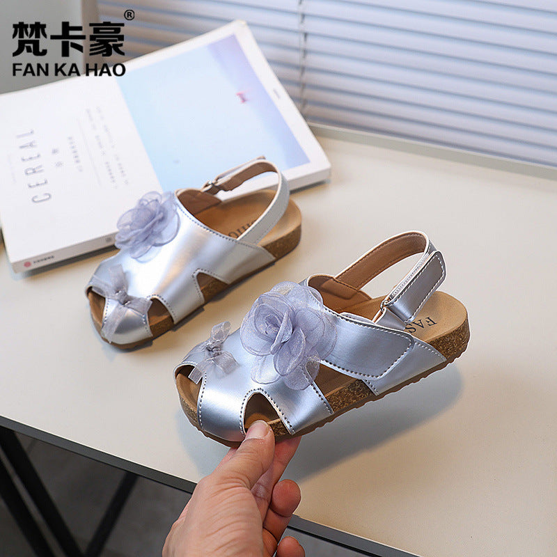Vancahao niche style design fish mouth birkenstock shoes  summernew arrivalgirl small flower cork sandals beach shoes