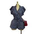 European and american cross-border women's fashion:  summer new arrival - chic v-neck striped short-sleeve shirt and high-waisted shorts set
