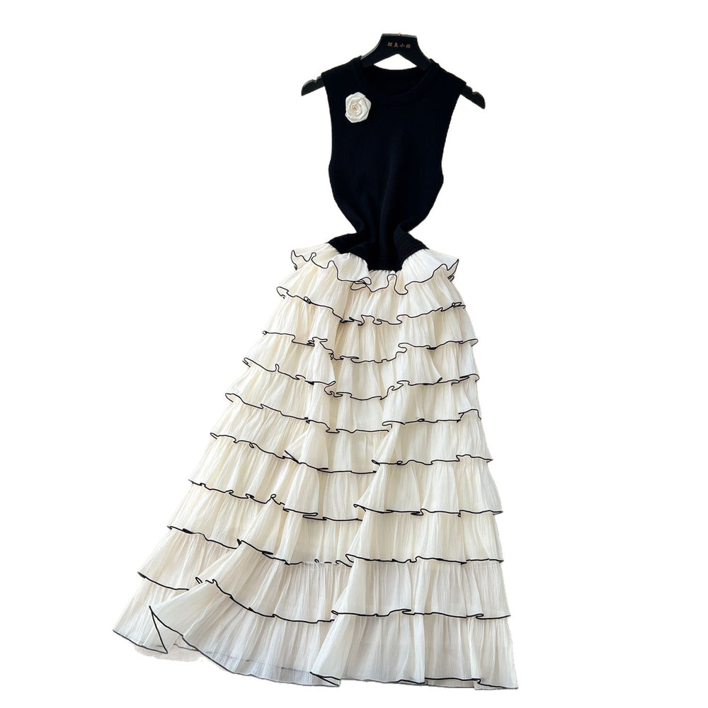 Frenchclassy lady flower contrast color sleeveless knittingpatchwork waist layered cake dress women's long skirt