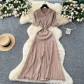 Frenchretropolo collar short-sleeved metal button silmslimming lookdress women's classy sense waist knitting long skirt