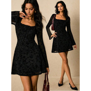 fashion  autumn new arrivalretro classic elegance floral square neck bell sleeve dress for women