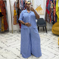 European and american style women's  autumn new striped turn-down collar short-sleeve shirt and high-waisted wide-leg pants fashion casual set