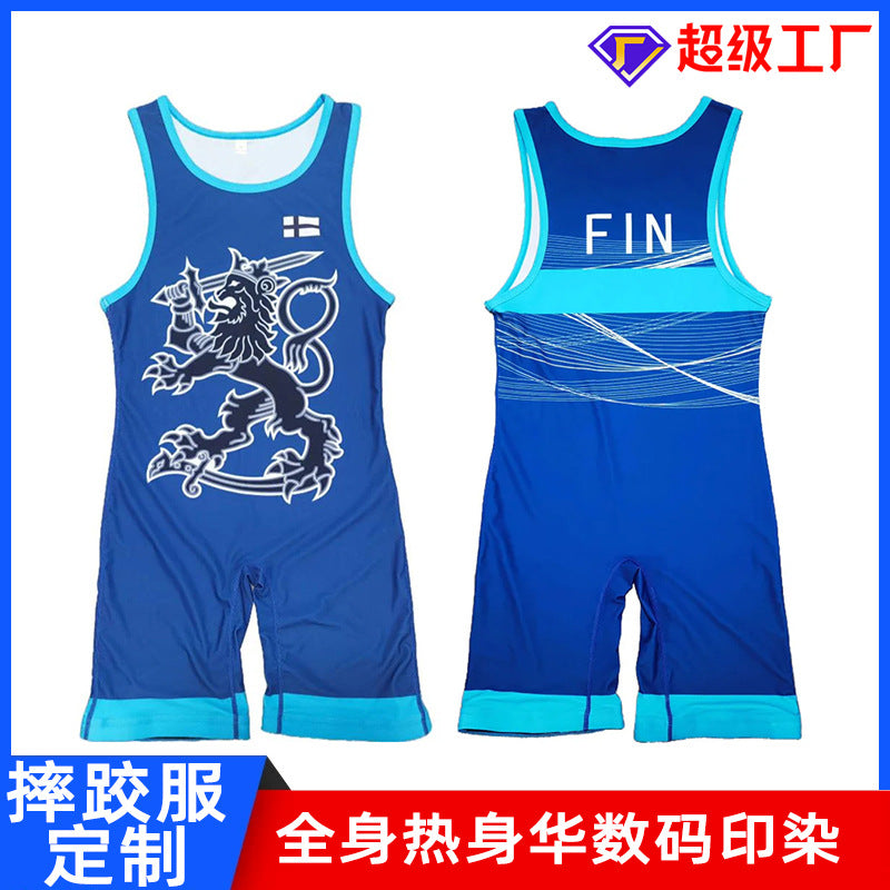 Sublimation full body print men's one-piece wrestling suit custom match weightlifting suit men's and women's free wrestling one-piece vest
