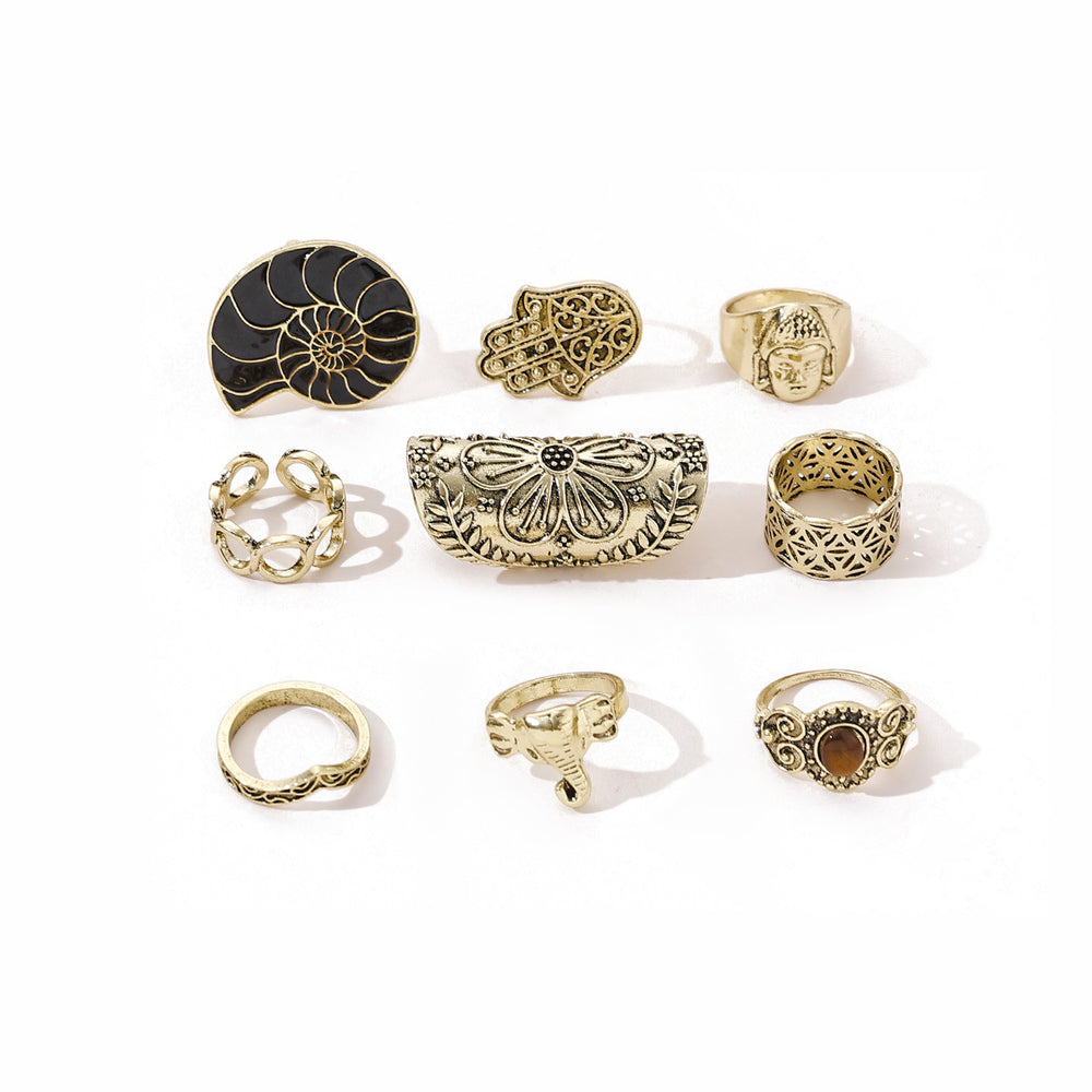 European and american vintage trendy flower conch ring set wholesale, retro niche punk distressed hollow ring wholesale