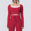 Naked-feel, form-fitting, quick-dry yoga top. faux two-piece design with built-in bra pads. long-sleeved athletic top for pilates, training, and fitness. women's