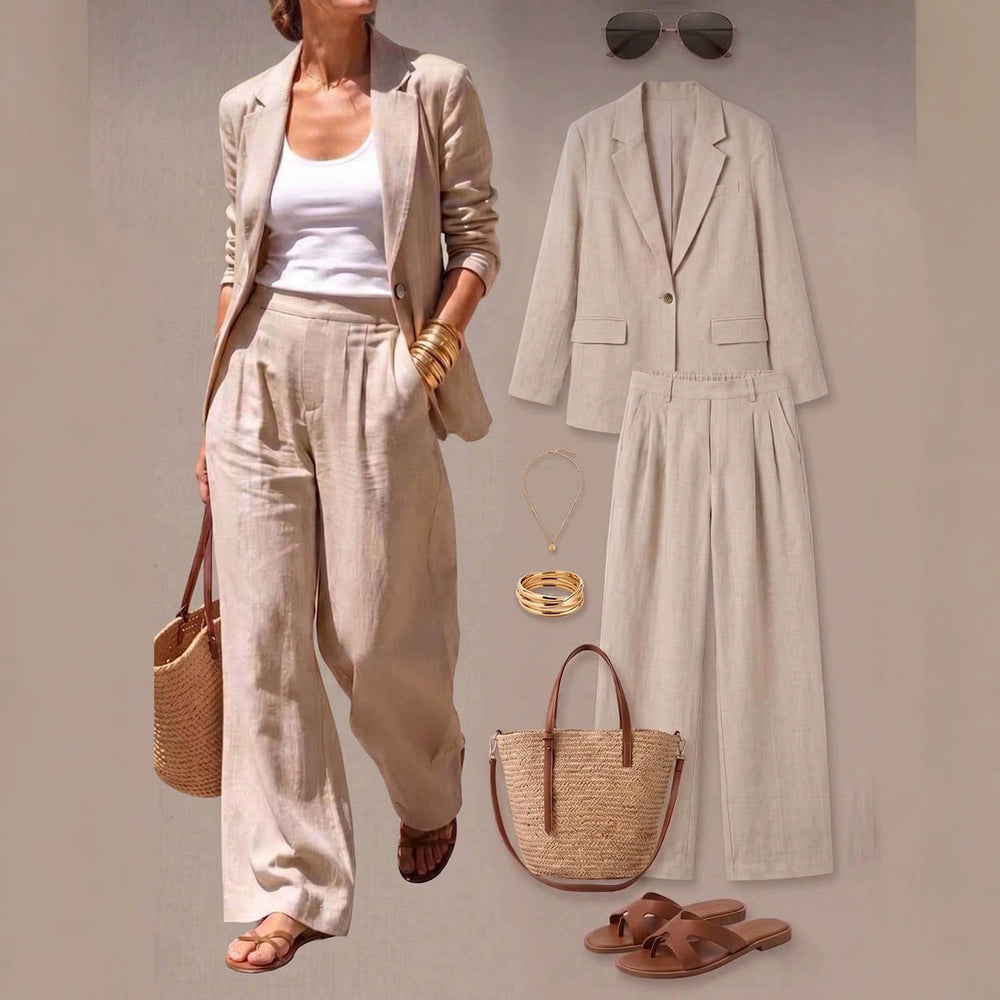 Retro rice apricot linen suit lapel casual small suit high waist pleated loose pantselegantsuit