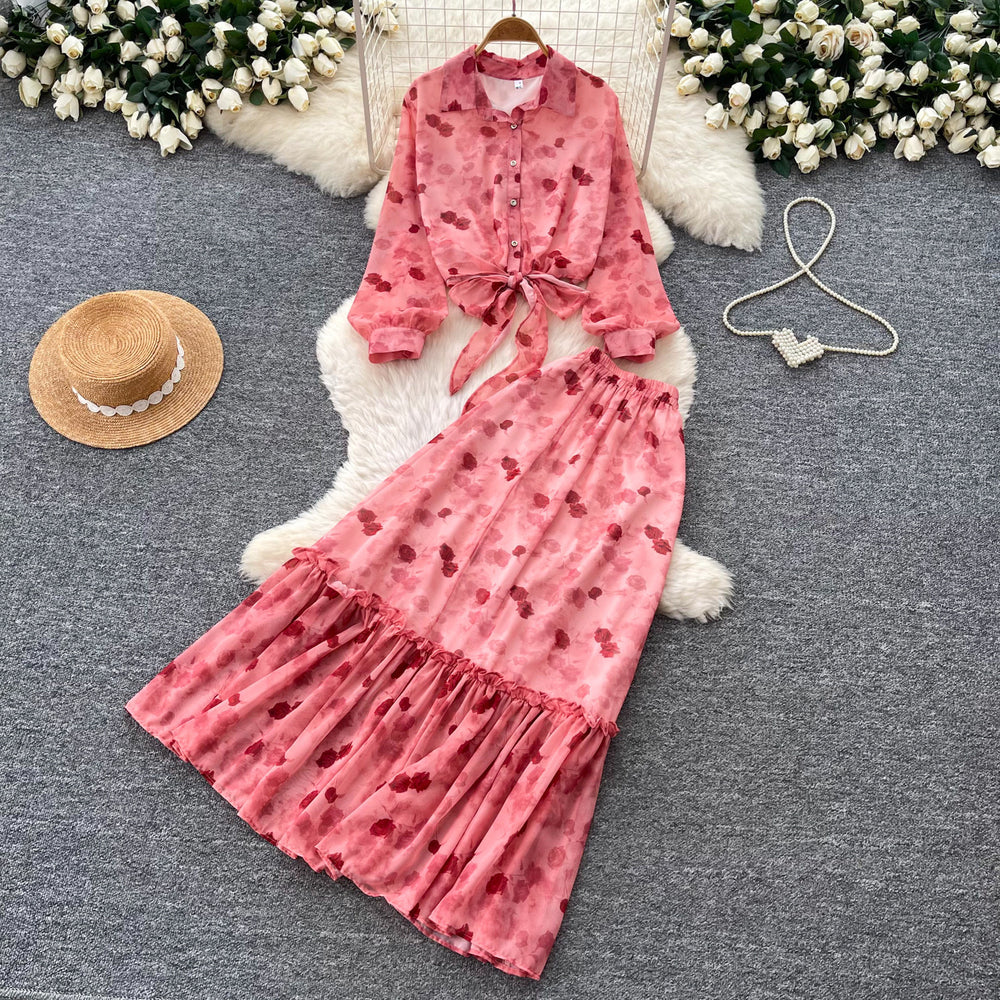 French romantic pink floral print blouse and midi skirt two-piece set - women's autumn commute outfit with tie waist, slimming and elegant