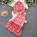 French romantic pink floral print blouse and midi skirt two-piece set - women's autumn commute outfit with tie waist, slimming and elegant