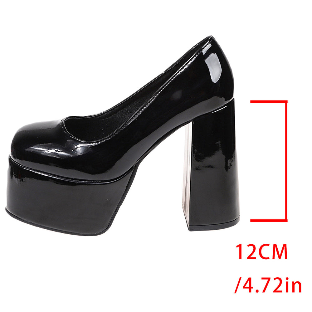 Plus size2025new arrival thick heel mary jane shoes waterproof platform catwalk thick sole round toe fashion bright leather super high heel flats