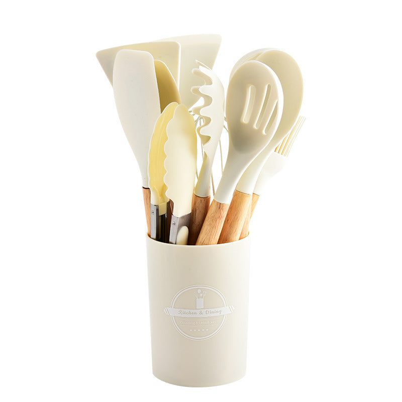 Cross-border twelve-piece set of colored wooden handle silicone kitchenware set to store food-grade high temperature resistant spatula spoons in stock