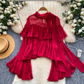 French chic ruffle chiffon blouse - women's summer long sleeve pink commute top - elegant sun protection shirt