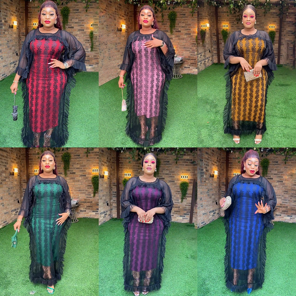Fashion cross-border foreign trade  mesh patchwork dress african plus size women's suspender skirt two-piece setin stock