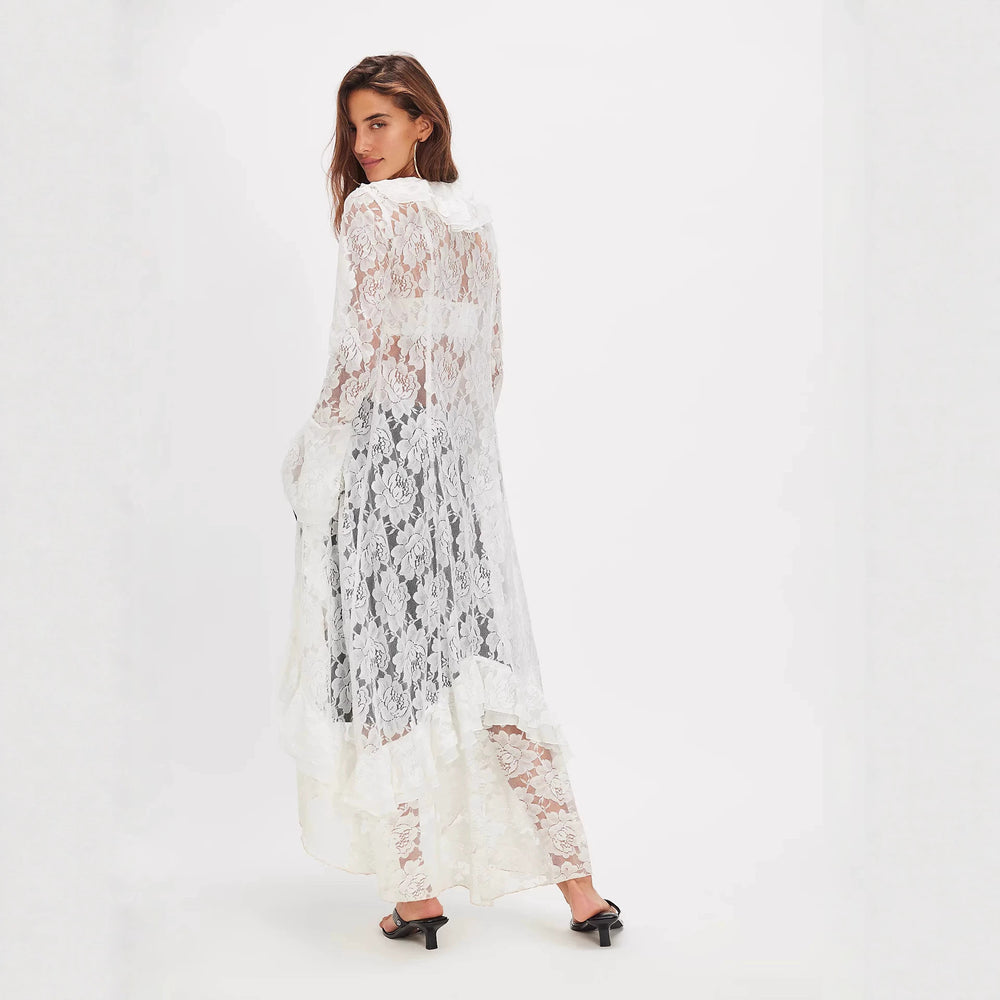 Amazon fashionnew arrivallace see-through sun protection long skirt cardigan bikini beach cover-up elegantelegance