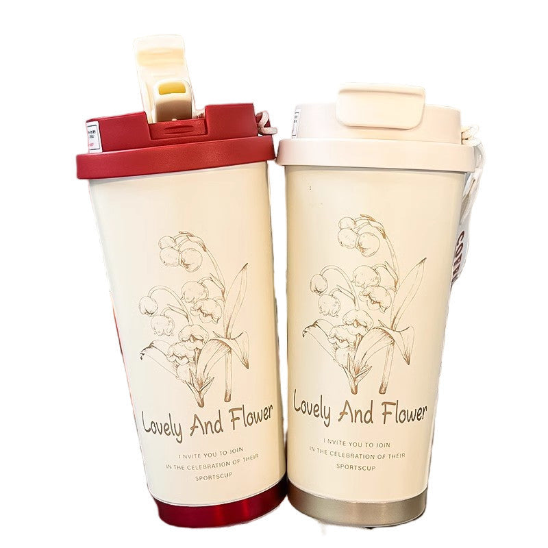 New 316 stainless steel lily of the valley insulated tumbler - stylish, portable coffee mug with dual-drink straw