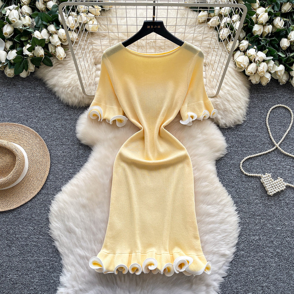 Xiaoxiangfengclassy contrast colorbows strappy long sleevesdress women's metal buckle waist slimming lookknitting short skirt