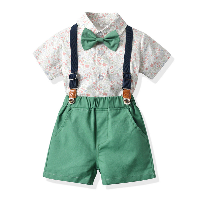 Brother and sister wear export spring and summer new arrival children's clothing boys short-sleeved shorts suspender suit girls floral skirt wholesale