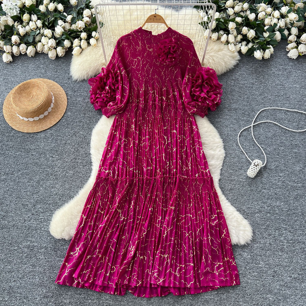 Miya pleated dress women's autumn  new high-end fashion 3d floral lantern sleeve loose maxi dress