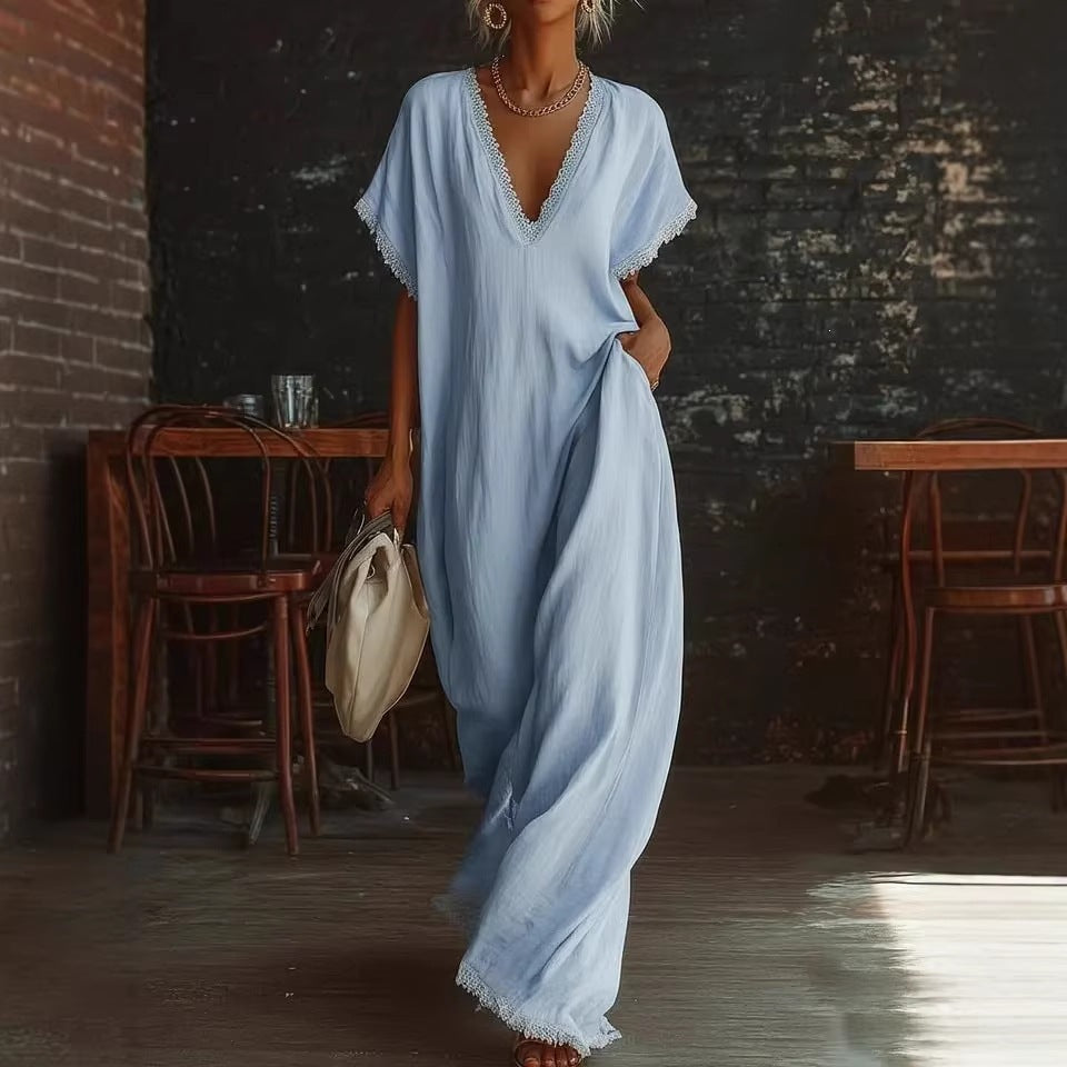 spring/summer collection: independent website, , us & european market - casual, elegant, comfortable, lace-trimmed, loose-fit linen-cotton maxi dress