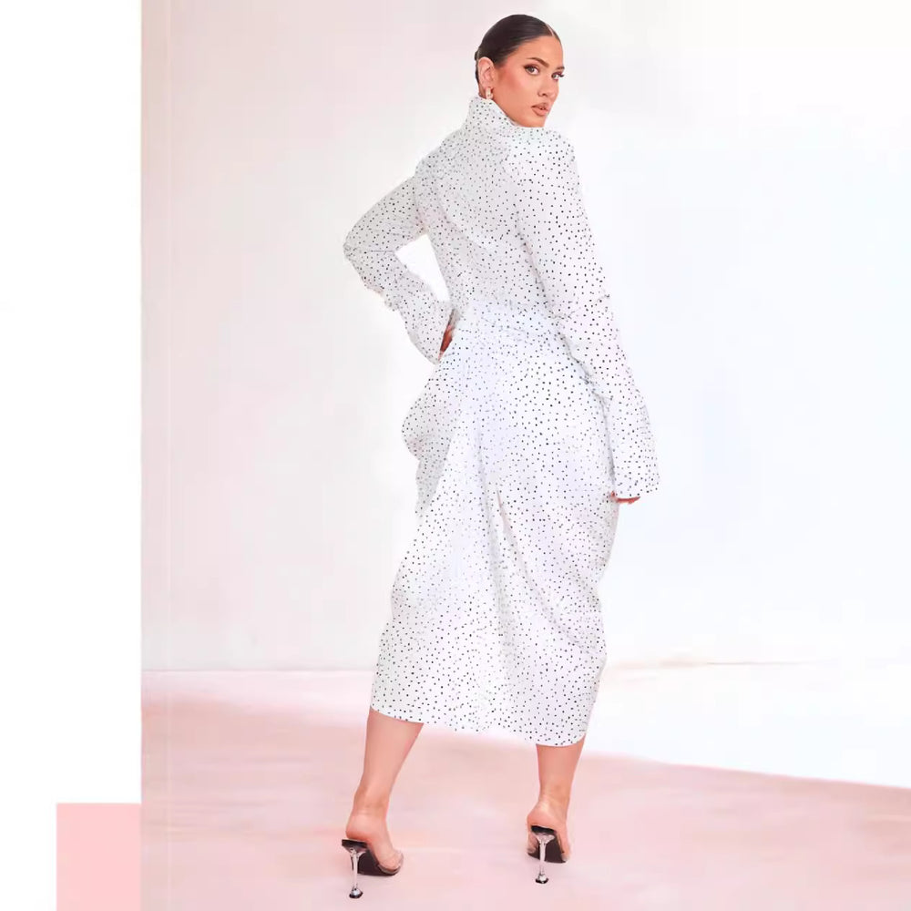 European and american cross-border women's fashion:  autumn new arrival - long sleeve stand collar polka dot print cinched waist pleated elegant dress