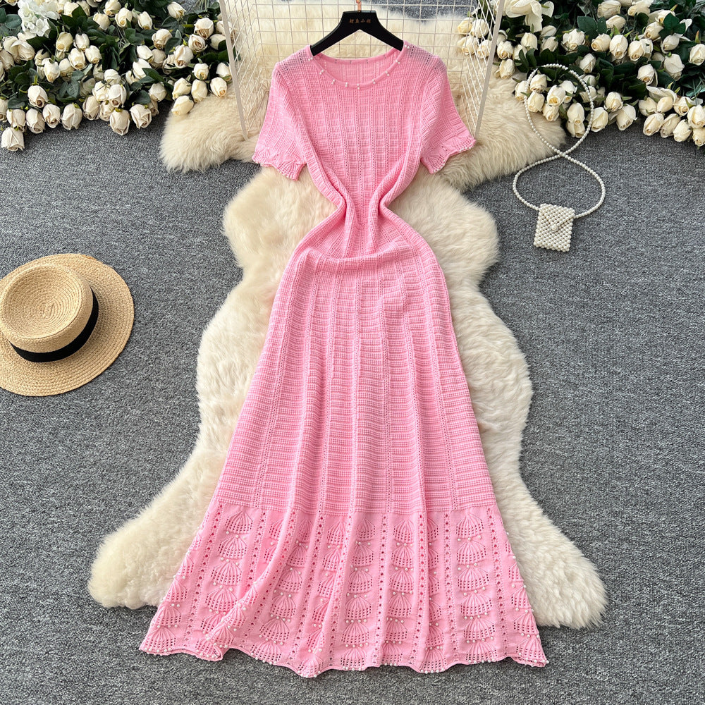 French chic high-end beaded round neck short sleeve hollow-out knit dress - women's slimming waist sweater dress
