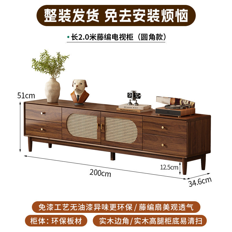 Retro rattan solid wood frame TV cabinet household coffee table combination small apartment living room storage locker integrated new model