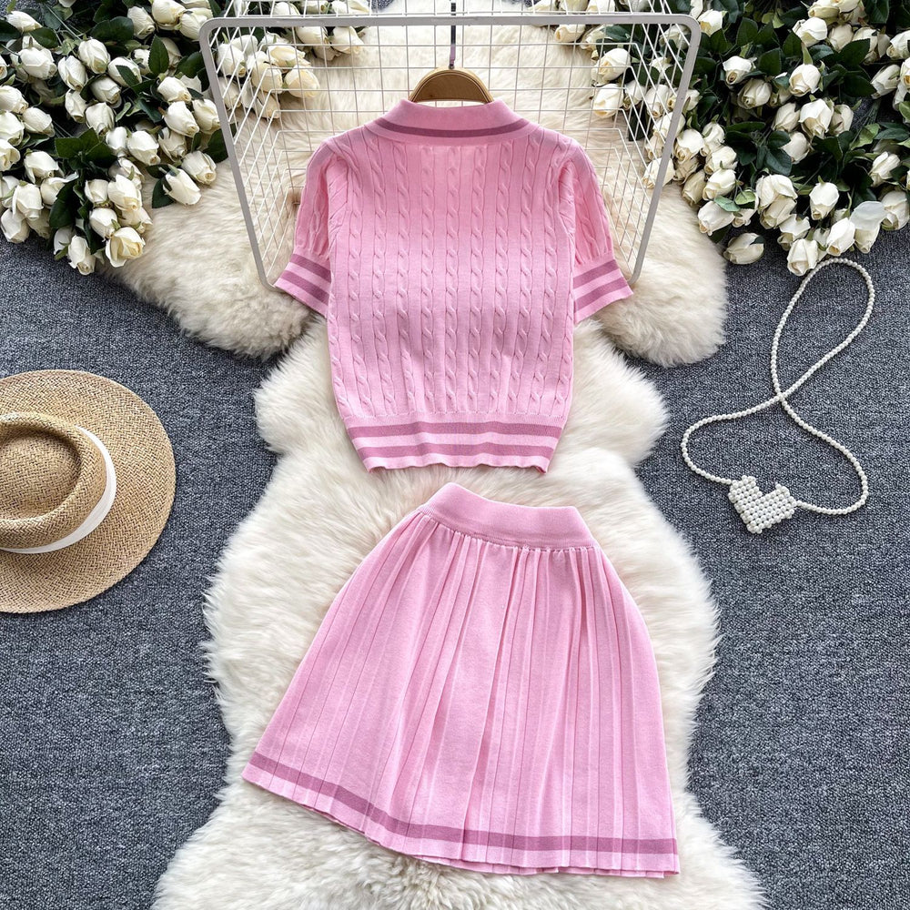 Summernew arrivaleasiest for matchknitting shirttwo-piece setfemaleretrocontrast color short-sleeved tops+high waistpleated skirt