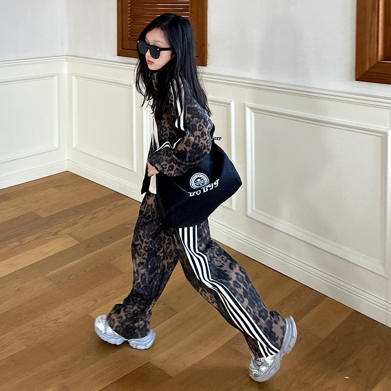 Girls'  new outfit set: trendy brand spring/autumn casual jacket and versatile printed sweatpants set for students