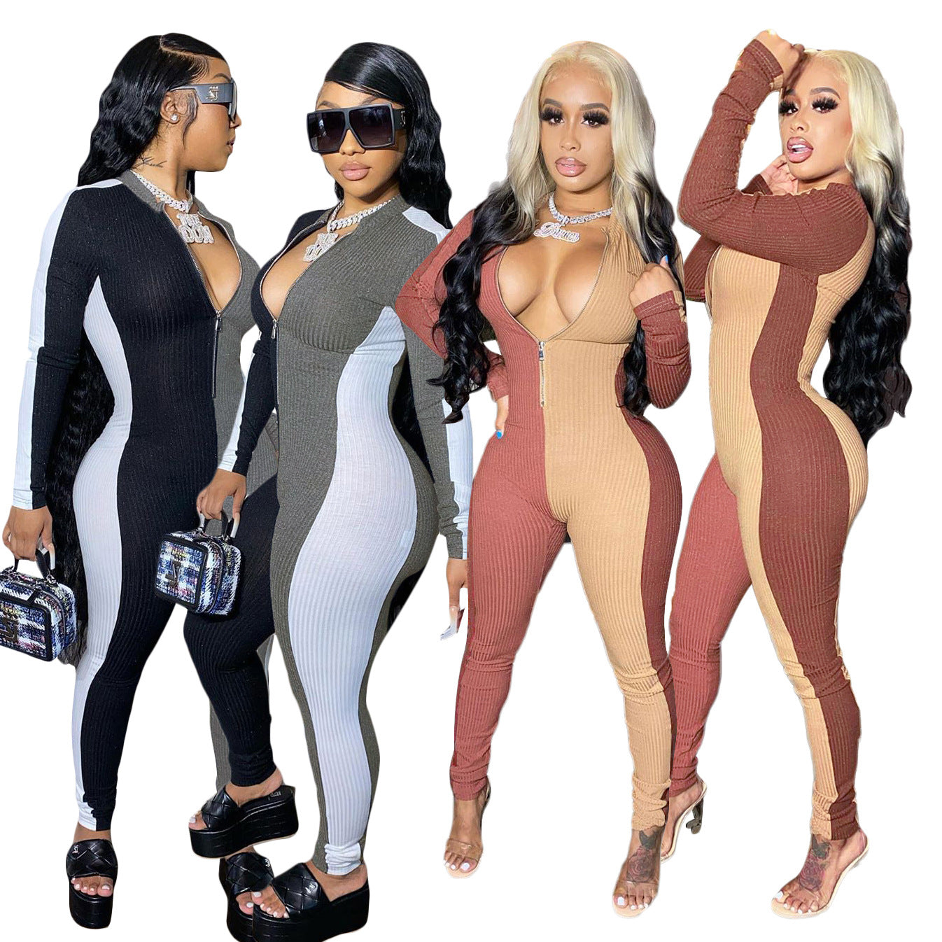 S3871 European and American women's clothing wholesale sexy slim zipper splicing jumpsuit women's pencil pants